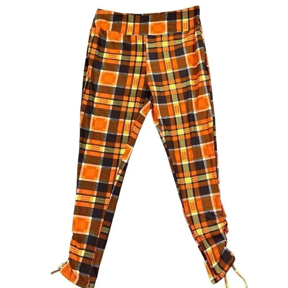 Mlle Gabrielle Women’s Fall Orange Yellow Plaid Pull-on Leggings 2X